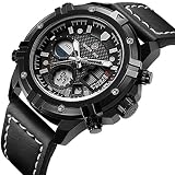 Herren-Quarzarmbanduhr, analog, digital, wasserdicht, im Militärstil, schwarzes Lederarmband