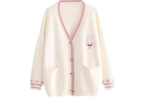 Himifashion Niedlicher Strick-Cardigan für Teenager, Mädchen, Kawaii-Bunny-Stickerei, langärmelig, Pullover mit Taschen, V-Ausschnitt