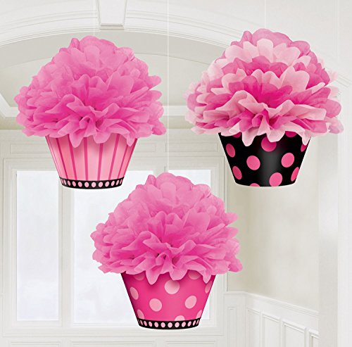 Amscan 180007 – Hängedekoration – Pom Pom Cupcake, 3 Stück, circa 26 cm, rosa - 2