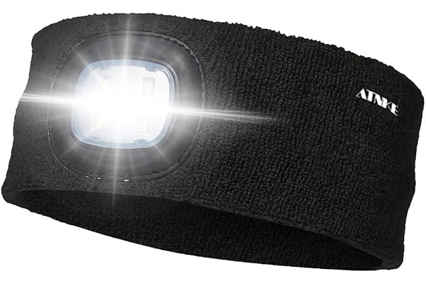 ATNKE LED Sport Bandeau,Rechargeable par USB Ultra-Lumineux 4 Lampe,Elastique Antidérapant Bandeau Cheveux Sueur Absorbant pour Running Basketball Yoga Cyclisme Fitness