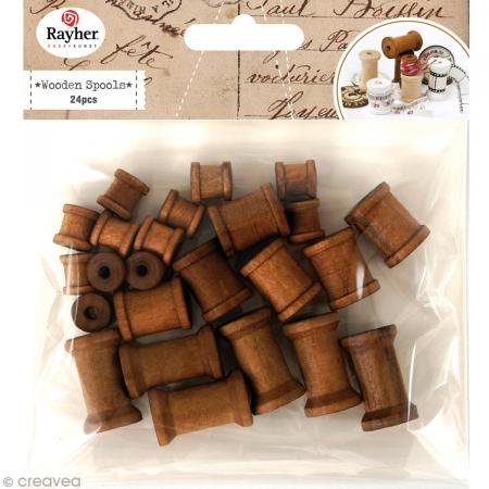 Rayher - 58165000 - Holz Spulen dunkel, 3 Größen sortiert, SB-Btl 24Stück