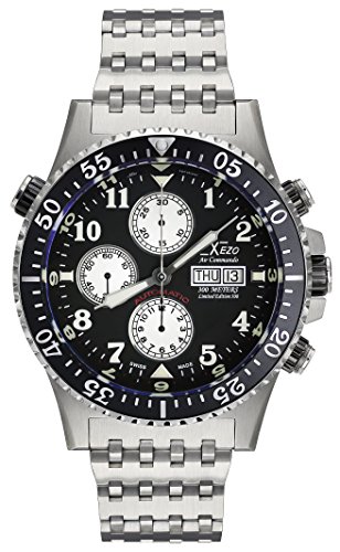 Xezo Montre chronographe, mécanisme automatique Valjoux 7750 suisse, verre saphir antireflets, style commandos, plongeurs, pilotes. Diamètre : 45 mm