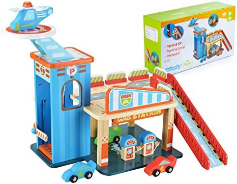 Wooden Parking Lot Garage Helicopter Station Cars Toy Pertol Station Helicopter Landing GS0011