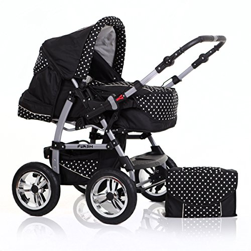 Brand New Combi Pram 2 in 1, Pram + Pushchair, Mattress, FREE ACCESSORIES in Colour Black-Small Dots