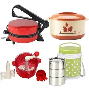 Biaba Collection Combo Offer* Best Home 900W Non Stick Roti Maker Get Free Lunch Box, Casserole and Red Dough Maker (Diameter 8 Inch)