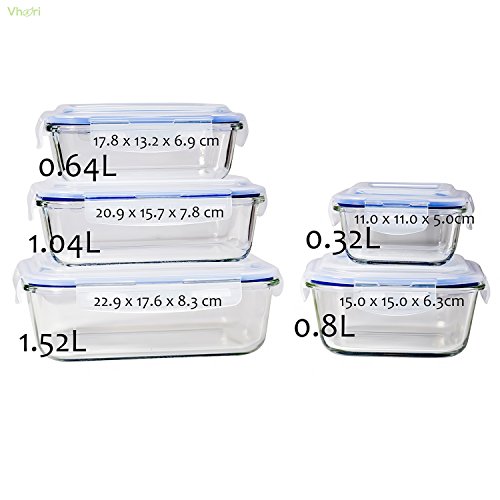 Vhari 5 Set Glas Lebensmittel Lagerbehälter * Airtight & Dicht * Backofen , Mikrowelle, Gefrierschrank und Spülmaschine Safe * 10 Stück (5 Glasbehälter + 5 BPA frei Lids ) * - 3