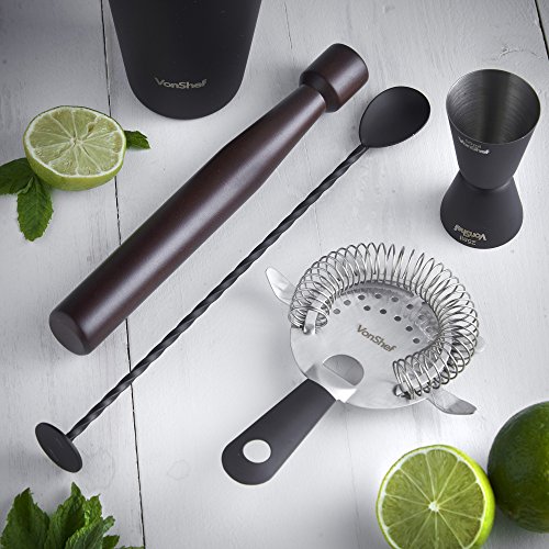 VonShef Edelstahl Manhattan Cocktail Set mit gedrehtem Barlöffel, Hawthorne-Sieb, 25ml/ 50ml Messbecher, Holz-Stößel, 550ml Shaker & Rezeptbuch – Matt Schwarz, Zwei Jahre KOSTENLOSE Gewährleistung - 5