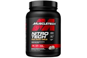 MuscleTech NitroTech 100% Whey Gold Protein w proszku, izolat serwatkowy w proszku proteinowym i peptydy, proszek proteinowy dla mężczyzn i kobiet, 5,5 g BCAA, 28 porcji, 908 g, ciasteczka i krem