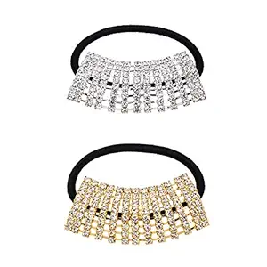 Xiwstar 2pcs Elastic Hair Bands Silver/Gold Rhinestone Crystal Hair Ropes Ponytail Holder Hair Ties Accessories for Women Girls