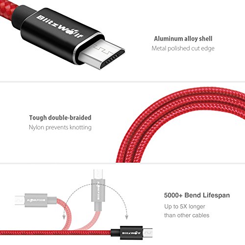 Micro USB Kabel, BlitzWolf 1m 2.4A Micro USB Ladekabel Fast Charging & Daten Sync Cord Android Ladegerät Kabel mit Magic Tape Strap für Samsung Galaxy S7 Edge / S6 / S5 / S4, Hinweis 5/4/3, HTC M9 , Xperia Z3 Z2, Moto X, LG, Sony, Tablets und Power Bank (Schwarz) - 4