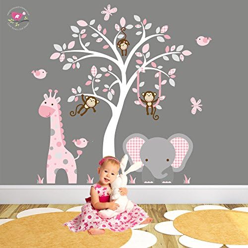 Jungle Wall Stickers featuring Giraffe, Elephant and Monkeys around a White Tree Mural. Baby Girls Safari Nursery Wall Decals