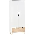 HOMCOM 2-Door Clothes Wardrobe w/Rail Shelf 2 Drawers Wood Feet Elegant Home Storage Organisation Furniture Dresses Coats Blankets Shoes White
