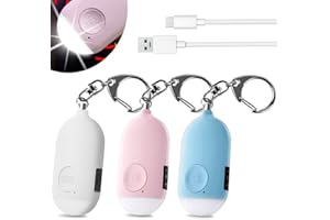 Shackcom 3 pcs 130 DB Alarme Personnelle d'urgence,Rechargeable Alarme de Sécurité avec LED Lampe de Poche Torche Anti Agression,pour Femme Enfants Personnes Agées Aventurier - Blanc+Bleu+Rose
