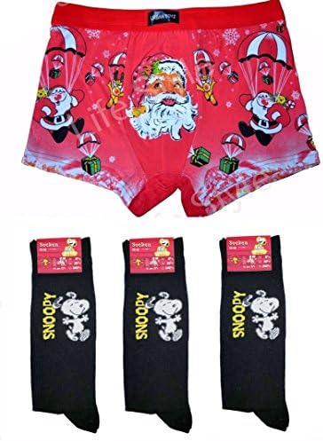 Mens Christmas Boxer Shorts Festive Xmas Trunks Underwear Santa Printed Novelty Brief Shorts (XL - Gift Pack, 1X Red + 3X Socks)