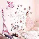 tamaño: 60x90cm Etiqueta de la pared, vestido de novia romántico Chica Torre de París Etiqueta de la pared Dormitorio de la sala Sala de la habitación Chica rosa Etiqueta de vinilo impermeable Autoadhesiva