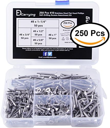 EDCarrying 250 Pcs 410 Stainless Steel Flat Head Phillips Self-Drilling Screws Assortment Kit #8 x 1/2" to 1-1/4"