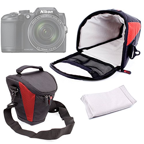 Housse de transport pour appareils photo Panasonic Lumix GF8 et DMC-FZ300  Nikon Coolpix B500 et B700 Bridge  Pentax K-1 SLR et leurs accessoires - rouge et noir   bandouli  re BONUS DURAGADGET