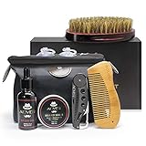 Upgraded Beard Grooming Kit, 6 PCs Facial Hair Care kit with Organic Beard Oil Leave-in Conditioner, Bib, Brush, Combs, Beard Balm Butter Wax for Beard Styling Growth with Large Capacity Storage Bag