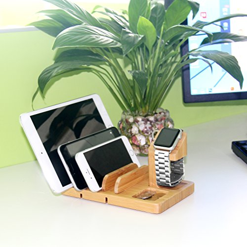 Supporto Apple Watch, IPUTY Bamboo Wood Supporto dock per Apple Watch Series (38mm e 42mm), 5-Slot Staccabile Universal Cradle Station Organizer per iPhone, iPad, Tablet o altri Smartphone