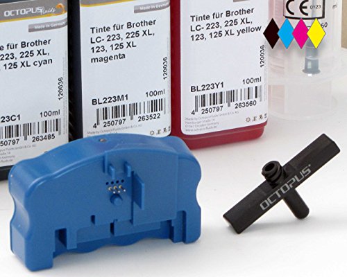 Komplettset mit Refilltool, Chipresetter und 4 x 100ml Nachfülltinte, Druckertinte für Brother LC-223, LC-225, LC-227, LC-229 Tintenpatronen für Brother DCP-J 4120, MFC-J 4420, J 4425, J 4620, J 4625, J 5320, J 5600, J 5620, J 5625, J 5720 Drucker, kein OEM - 3