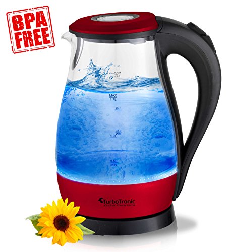 TurboTronic Glas Wasserkocher 1,7 Liter mit LED Beleuchtung Blau (innen) BPA Frei, Leistung: 2200 Watt, Farbe: Rot-Metallic, inklusive Kalkfilter am Ausguss und 360° Basis-Station (kabellos), Edelstahl Bodenplatte mit nicht sichtbaren Heizelement - 5