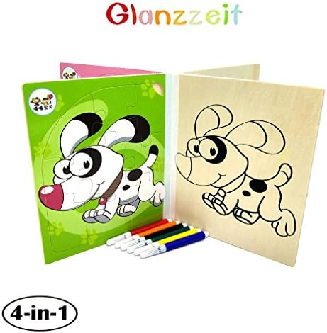 Glanzzeit Children Wooden Jigsaw Puzzles 4 in 1 Set with Drawing Board Painting Puzzles Book (Lovely Animals)