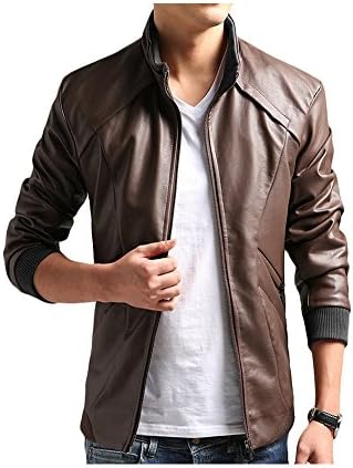 JKQA Men's Vintage Stand Collar Casual Leisure Pu Leather Jacket (XS, Brown)