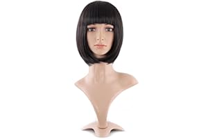 MapofBeauty 30cm Naturalne Damskie krotkie Proste Peruki Plaska Grzywka Bob Peruka (Czarny)