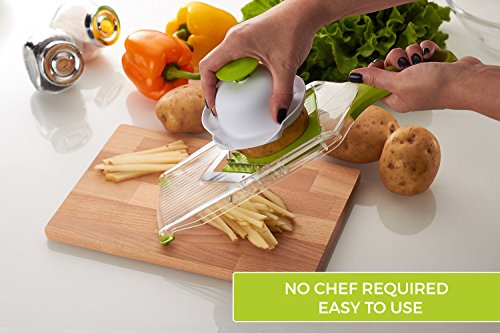 Die Twinzee Compact V-Hobel Mandoline Reibe – sie wird mit vier Aufsätzen mit Klingen aus rostfreiem Stahl geliefert und verfügt über einen praktischen Griff in schützender und ergonomischer Form. - 8