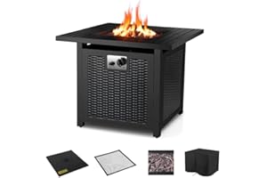 TLGREEN Palenisko gazowe, stół paleniskowy 28" z wodoodpornym pokrowcem ochronnym i kamieniami wulkanicznymi, 72,5 x 72,5 x 67,5 cm, 14,5 kW, kominek gazowy do ogrodu, w zestawie blat stołu i kratka ochronna,
