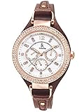 Alienwork Damen-Armbanduhr Quarz Rose-Gold mit Lederarmband braun Kalender Weiss Multi-Funktion