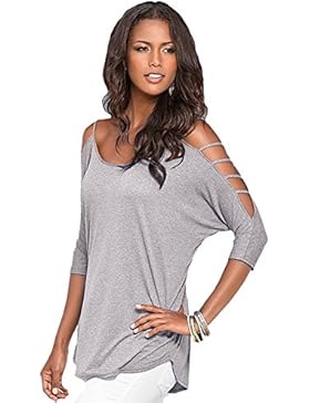Butterme Damen Sommer Ausschnitt Bügel Schulterfrei T-Shirt Bluse Tunika Top (Grau,M)