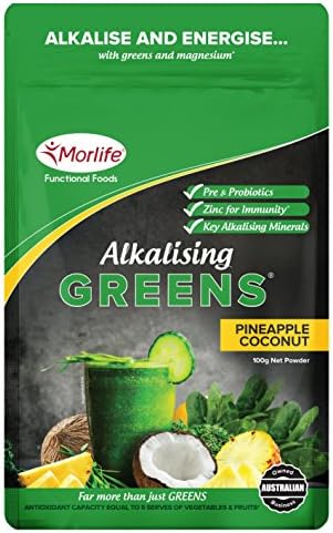 Morlife Alkalising Greens Pineapple Coconut 100g - 21 Super Greens, Fruits and Vegetables, Pre & Probiotics, Key Alkalising Minerals, Vegetarian Greens Powder, Pineapple Coconut, 10 serves
