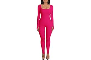 BFACCIA Women's Square Neck Long Sleeved Fitness Jumpsuit Solid Color High Waist Tight Workout Yoga Jumpsuit Full Body Romper Yoga Ribbed Playsuits Daily Wear One Piece Bodysuit Sportwear