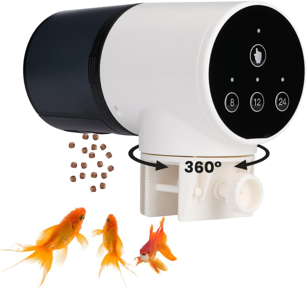 NK Dispensador Automático de Comida para Peces – 200 ml, Pantalla LCD, Programable en Modo Manual/8H/12H/24H, Soporte Giratorio 360°, Control por Botón y Sistema de Fijación Estable