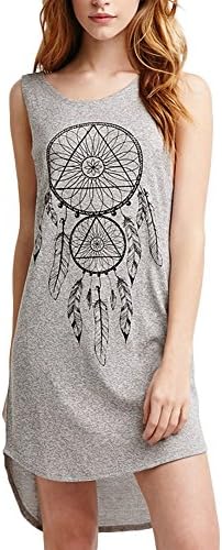 KUTLIF Women T Shirt Dress Backless Sleeveless Tops Loose T-Dress Summer Indian Dream Catcher Printed Short Dress