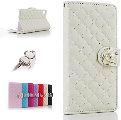 Uming? Camellias Series Case Holster for IPhone6Plus IPhone6SPlus IPhone 6Plus 6SPlus with Holder Stand Elegant Lady Bling Glitter Shiny Crystal flower Folio Wallet PU Leather Flower Lattice Grid Flip Case Bag Cover Protector Skin + 1PC Anti Dust Plug - White