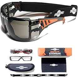 Lunettes de sécurité ToolFreak Rip-Out pour le travail et sportif, Protéger contre les UV et impacts, bandeau, étui et chiffon, lentilles fumées sombres