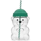 Orret Home 580 ML Ayıcık Desenli Cam Bardak Pipetli Silikon Kapaklı Soğuk Kahve Bardağı Şeffaf Cam Kupa Sevimli Ayıcık Bardak