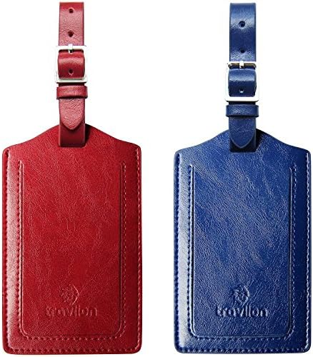 Travlion Set Of 2 Luggage Tags &amp; Bag Travel Business Card Holders from Microfiber Leather with Stainless Steel Buckle and Privacy Flap, Premium Quality, Perfect Christmas Gift For Traveling Lovers (Red + Blue)