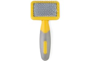 Ancol Ergo Animal Slicker Brush - Grey and Yellow Pet Grooming Tool for Rabbits Guinea Pigs Dogs and Cats - Soft Bristles for Face and Ears - Ergonomic Handle Design - Small