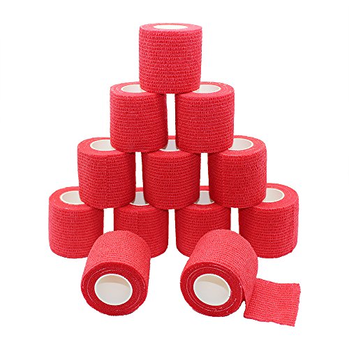 Fuluning, 12-pack, 5,1 cm x 4,6 m, self-adherent nastro, fascia contenitiva, Strong nastro sportivo per polsi, caviglie, slogature e gonfiore, benda autoadesiva rotoli di nastro, atletica,colore rosso