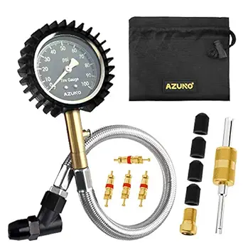 AZUNO Tire Pressure Gauge 100 PSI with 12' Steel Hose - for Cars and Bikes