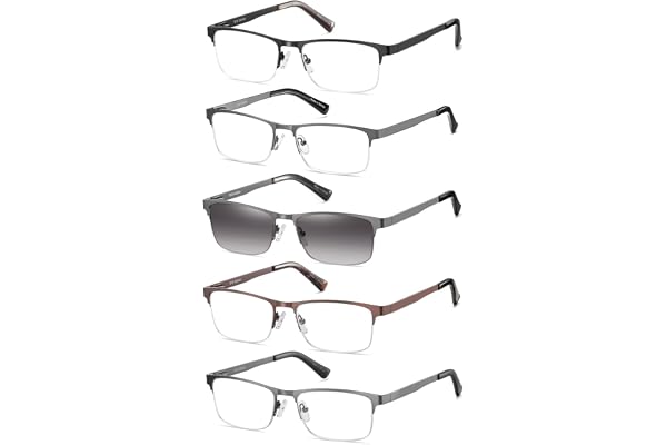 Amcedar 5 Paires Lunettes de Vue Lecture Hommes Style demi-trame Acier Inoxydable Materiaux Charniere a ressort Compris Les Soleil Lunettes de Lecture +2.00
