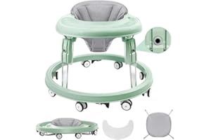 PIONCREY Baby Walker, Foldable Multi-Function Anti-Rollover Walker with Brake Design, 7 Level Height Adjustable, Baby Walkers for Boys 6 Months Suitable for All Terrains (Green)