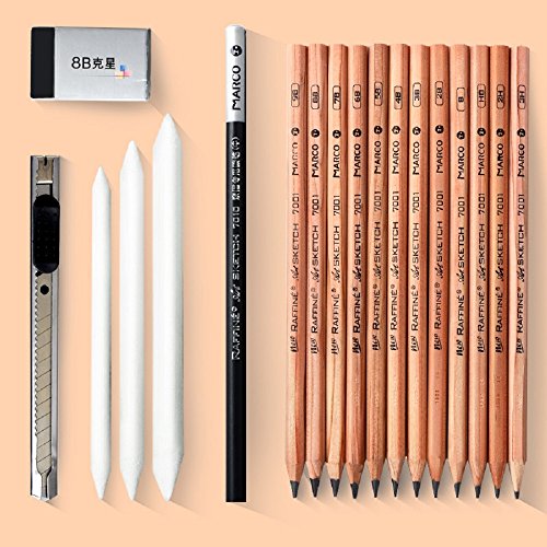 SOLEDI 18pcs Skizze Bleistifte Radiergummi Holzkohle Bleistift Papier Pen Set Papierfederzeichnung mit Tasche Zeichenset Art Set