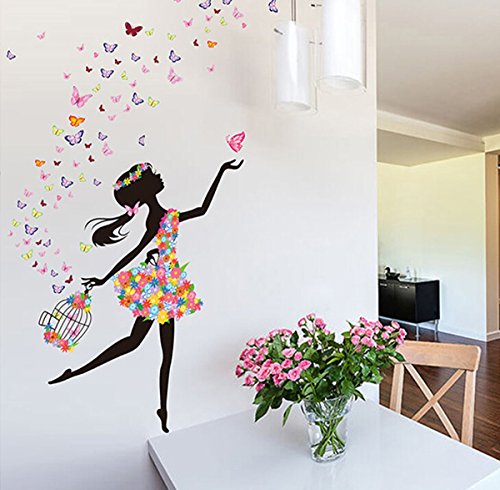 hqclothingbox Living Room Bedroom Decoration Butterfly Wall Stickers Magic Fairy Bright Flower Heart-Shaped Garland Pink Dress Maid Wall Sticker For Girls‘ Room Decoration by Hqclothingbox - 4