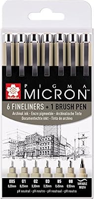 Sakura Pigma Micron Set De 6 Feutres Pointe Fine & 1 Stylo Pinceau