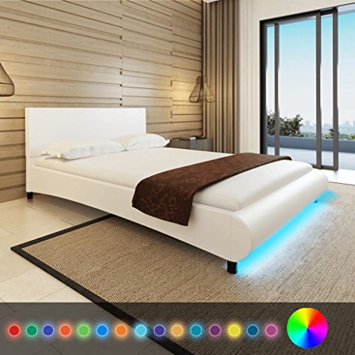 vidaXL Lit en Cuir Artificiel Blanc avec Bande LED 140 x 200 cm Lit Adulte Lit Double