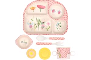 LOMUG Kindergeschirr Set,ohne melamin, 5-teiliges Geschirr Set mit Saugnapf,Baby Menü Tablett,Baby Teller, rutschfest BPA Frei,Teller,Becher mit Deckel,Löffel, Gabel für Kinder,Spülmaschinenfest